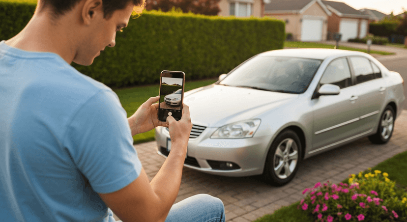 Person photographing their car with smartphone for online listing