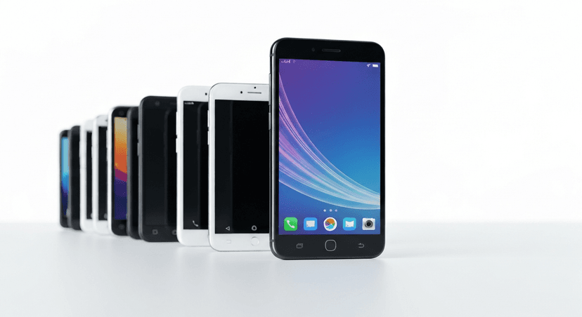 Several generations of iPhones arranged showing evolution of design