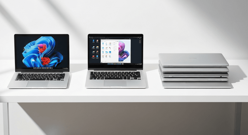 Several laptops of different sizes arranged on a minimal white desk