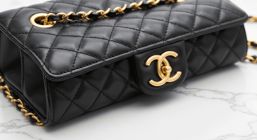 Close-up of quilted black leather luxury handbag with CC gold clasp