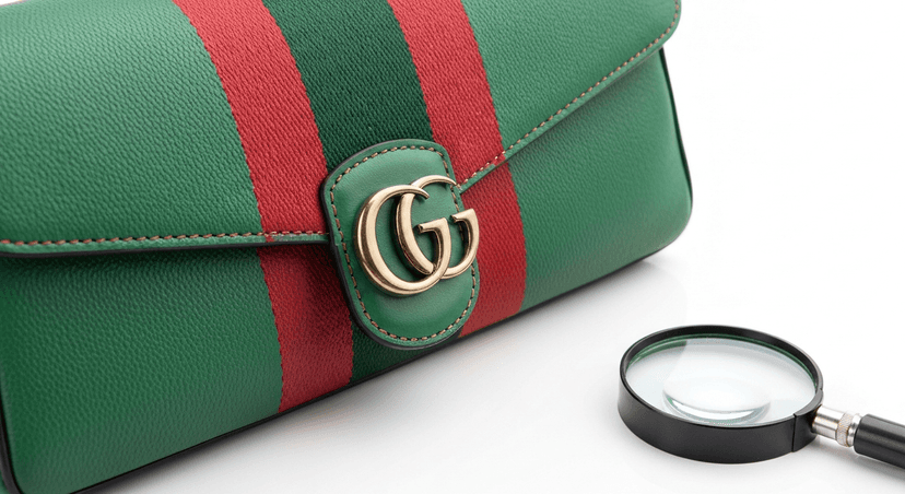 Close-up of luxury designer handbag showing GG clasp and stitching