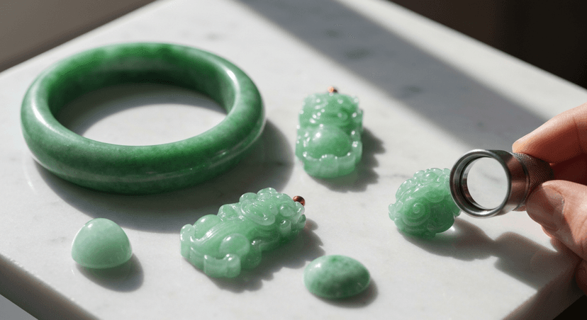 Jade jewelry including bangle bracelet and pendant on white marble