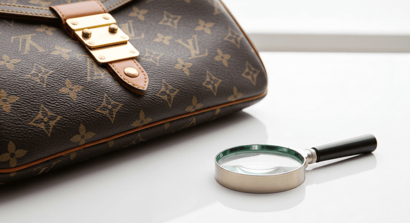 Close-up of luxury monogram handbag showing stitching and hardware details