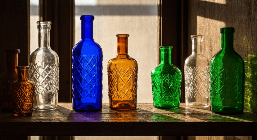 Collection of antique glass bottles in cobalt blue, amber, and green