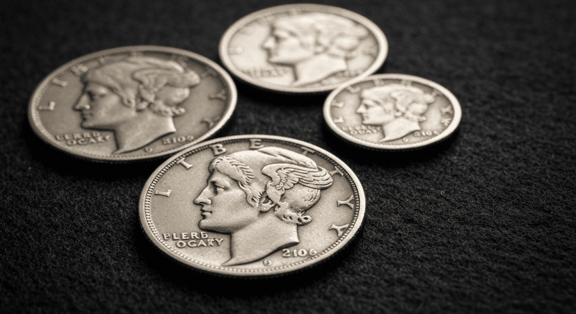 Rare US dimes including Mercury and Barber dimes on dark felt