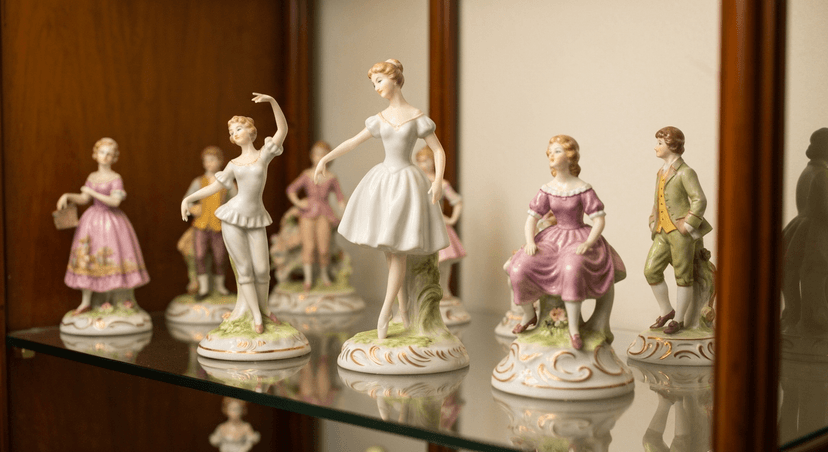 Elegant porcelain figurines displayed in a curio cabinet with warm lighting