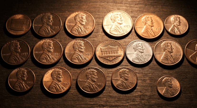 Timeline arrangement of US pennies from different decades on dark wood
