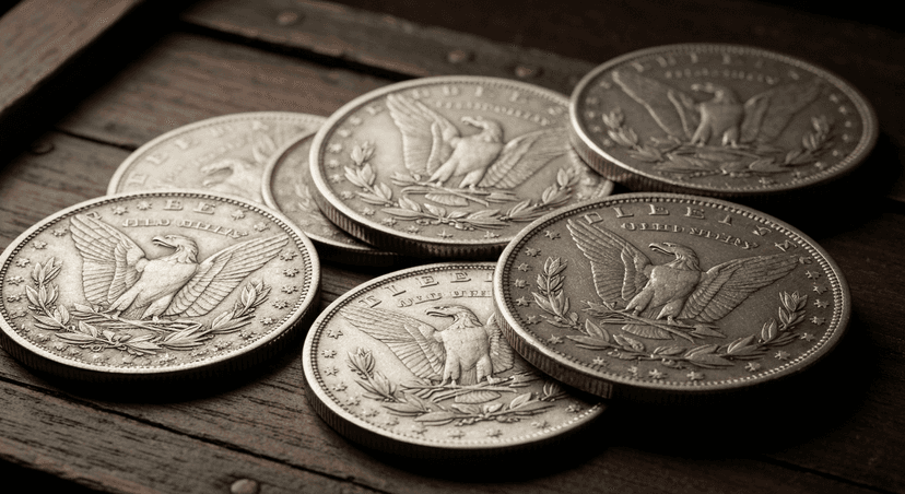 Antique silver dollar coins with natural toning on dark wood surface