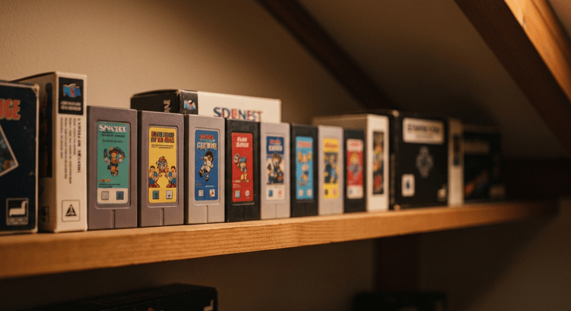 Collection of vintage video game cartridges and boxes on shelf