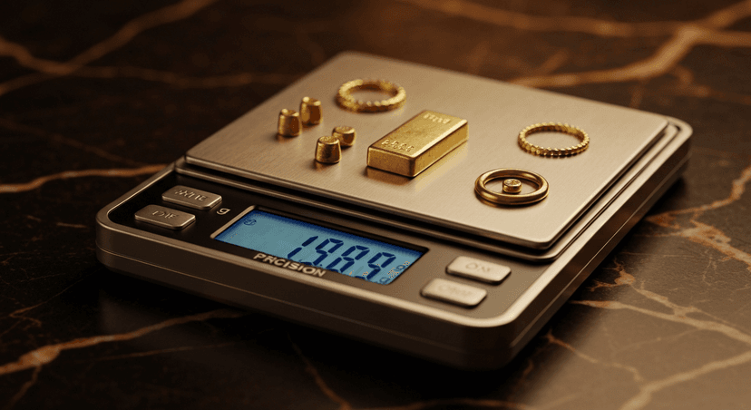Gold pieces and jewelry on a precision digital scale showing grams