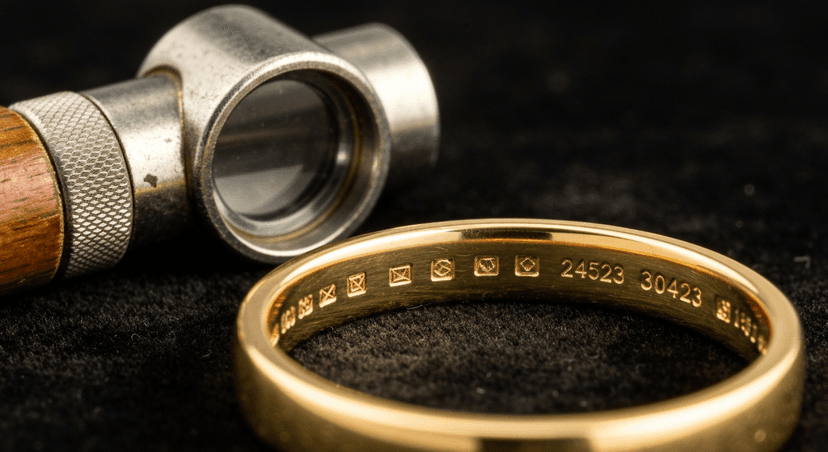 Macro close-up of gold ring hallmark stamps with jeweler's loupe
