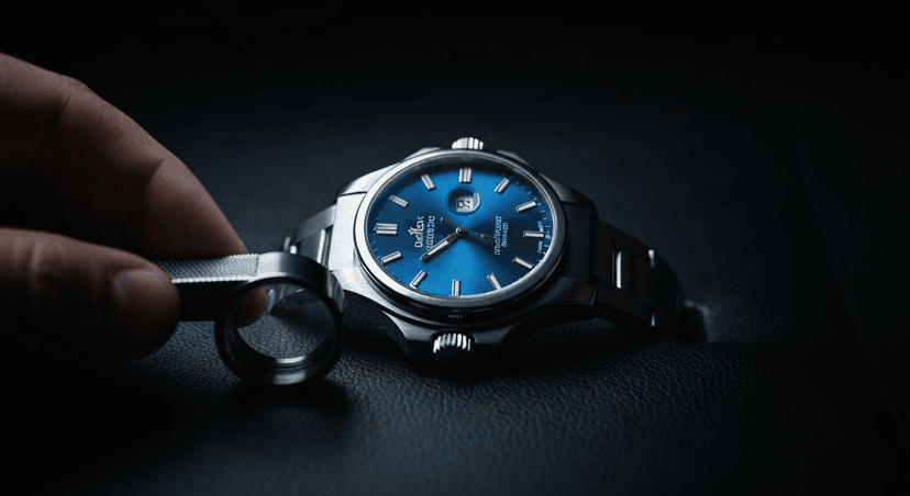 Luxury watch being examined with jeweler's loupe for authentication