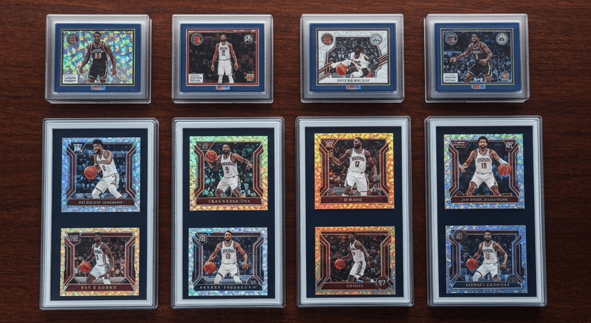 Premium basketball trading cards in graded slabs on dark wood surface