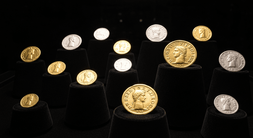 Rare and ancient coins displayed on velvet under museum spotlights