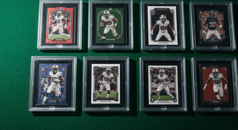 Premium football trading cards in graded slabs on dark green felt